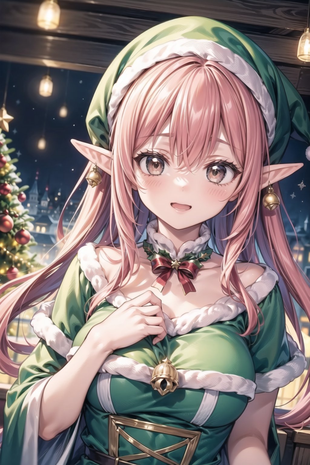 vibrant colors,  female,  masterpiece,  sharp focus,  best quality,  depth of field,  cinematic lighting,  ((solo,  adult woman)),  (illustration,  8k CG,  extremely detailed),  masterpiece,  ultra-detailed, 1 girl,  long hair,  mixed hair,  pink hair,  brown eyes,  , In a whimsical yuletide realm,  a girl is adorned in an elfin ensemble,  capturing the magical essence of the holiday season. The detailed illustration portrays her in festive attire,  radiating charm and spreading joy as she embodies the spirit of a Christmas elf,  dressed in an enchanting elf costume,  the room is adorned with the festive glow of holiday decorations. The girl's playful demeanor and the magical ambiance around her create a scene of merriment and enchantment,  evoking the lively spirit of Santa's little helpers,  the illustration paints a spirited portrait of a girl transformed into an enchanting Christmas elf,  where her festive attire and joyful presence infuse the surroundings with the magic of the season,  creating a scene of holiday delight.,<lora:EMS-50097-EMS:0.400000>,<lora:EMS-179-EMS:0.400000>,<lora:EMS-173539-EMS:0.400000>