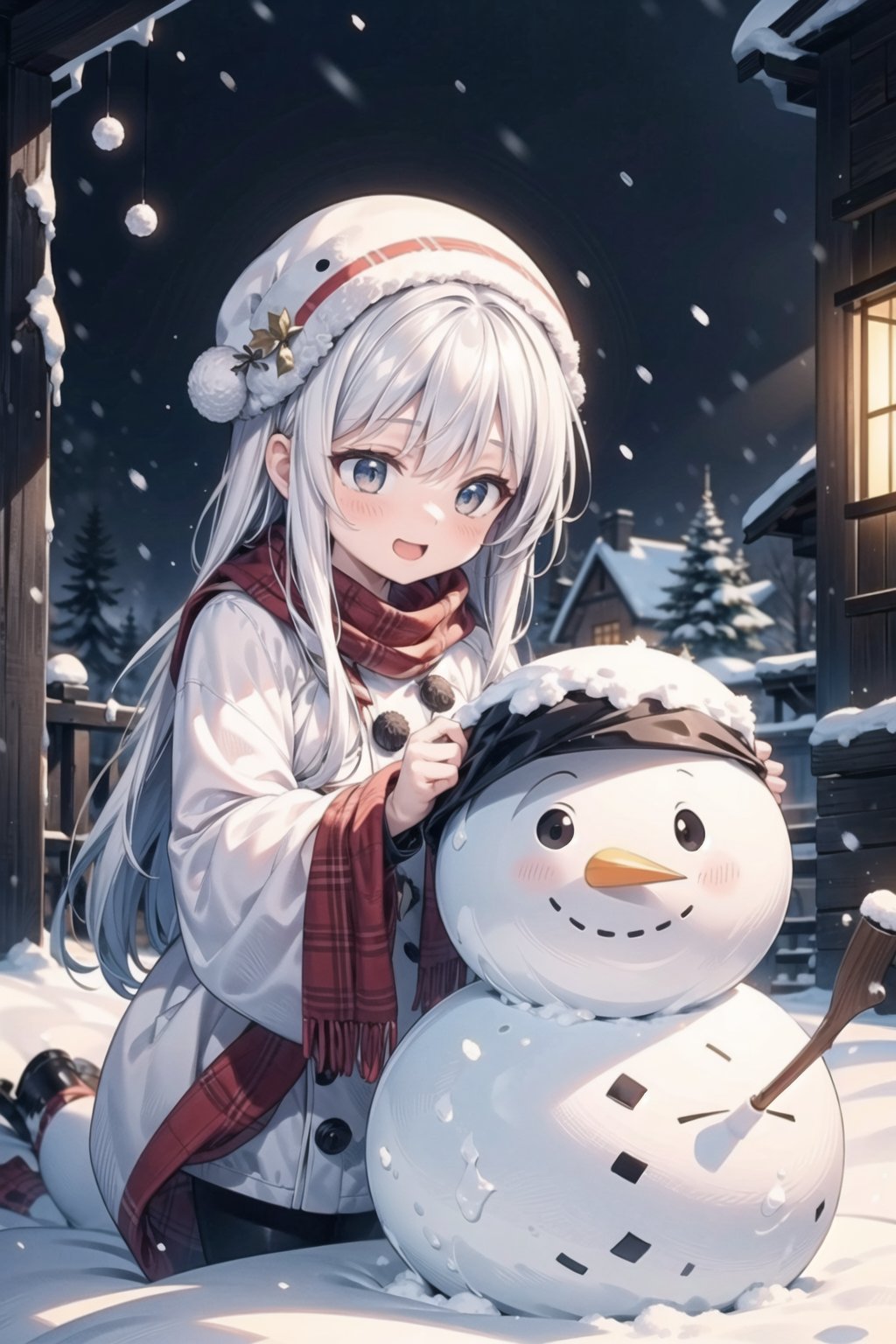 vibrant colors,  female,  masterpiece,  sharp focus,  best quality,  depth of field,  cinematic lighting,  ((solo,  adult woman)),  (illustration,  8k CG,  extremely detailed),  masterpiece,  ultra-detailed, 1 girl,  long hair,  white hair,  red hair locks,  serene snowy landscape,  a girl joyfully shapes a snowman,  infusing the wintry scene with whimsy,  detailed illustration captures the delightful moment as she sculpts the snow into a charming companion,  epitomizing the magic of a snowy day,  dressed in winter attire,  the landscape is adorned with the soft glow of falling snowflakes,  creating a tranquil ambiance. Each pat of snow forms the snowman's features,  and the scene resonates with the laughter and merriment of a cherished winter tradition.,<lora:EMS-50097-EMS:0.400000>,<lora:EMS-179-EMS:0.400000>,<lora:EMS-173539-EMS:0.400000>