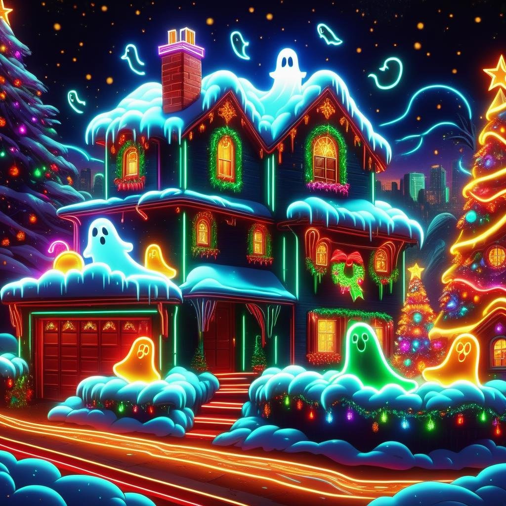 hyper detailed masterpiece, dynamic realistic digital art, awesome quality, DonMN30nChr1stGh0stsXL neon cozy and warm scenes, ghost of christmas yet to come (ghost of christmas future), cheese platter, overflowing with love and goodwill,bright and colorful,warm and inviting, cove lighting, admiring neighborhood christmas light displays  <lora:DonMN30nChr1stGh0stsXL-000009:1>