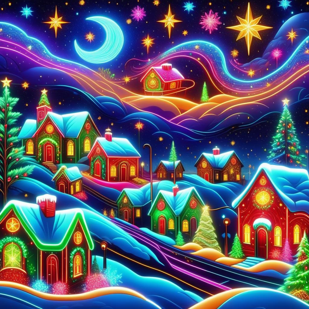 hyper detailed masterpiece, dynamic realistic digital art, awesome quality, DonMN30nChr1stGh0stsXL neon starry night christmas art, gratitude, christmas village, uplifting and spirited,harmonious and unified, led lights, festively decorated neighborhoods  <lora:DonMN30nChr1stGh0stsXL-000009:1>