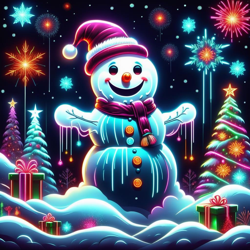 hyper detailed masterpiece, dynamic realistic digital art, awesome quality, DonMN30nChr1stGh0stsXL neon snowman illustrations, ghost of christmas present, , cozy and comforting,tranquil and serene, fireworks displays, icy and serene winter scenes  <lora:DonMN30nChr1stGh0stsXL-000009:1>