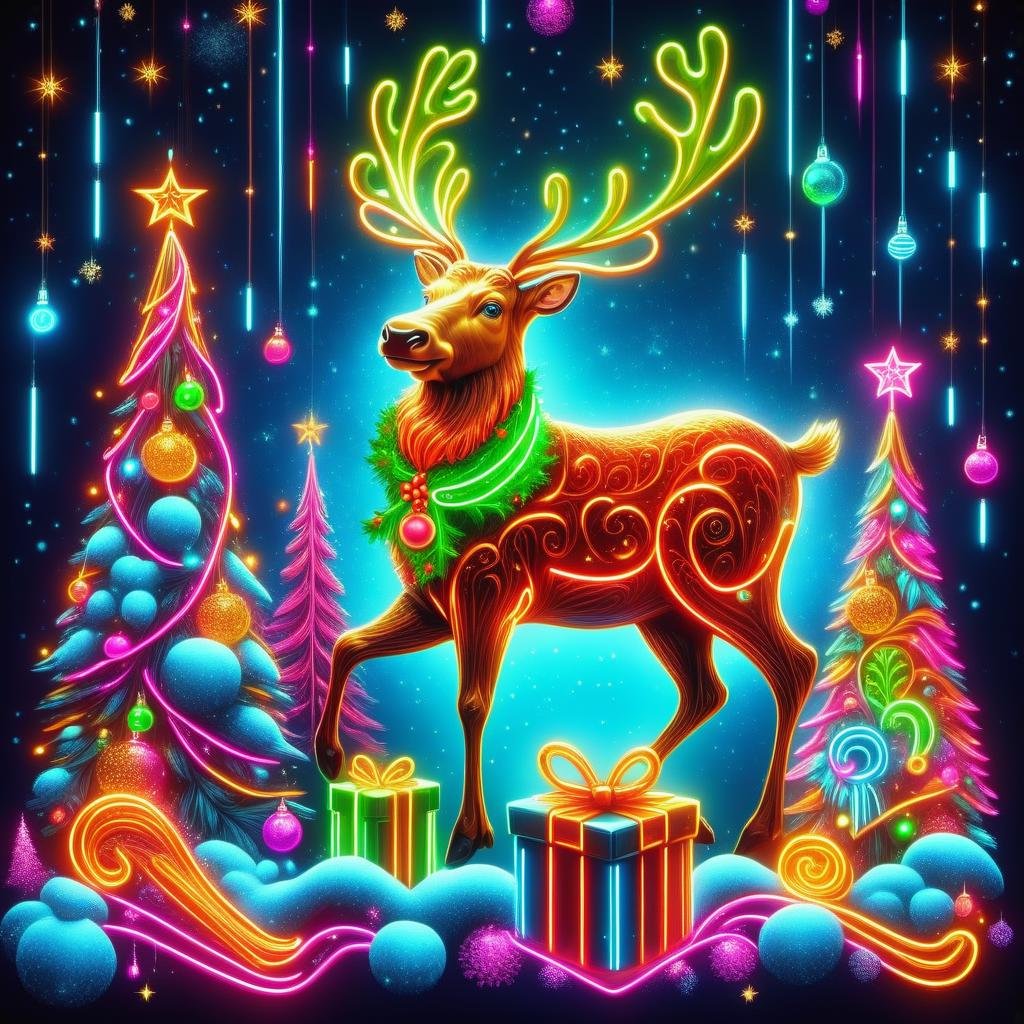 hyper detailed masterpiece, dynamic realistic digital art, awesome quality, DonMN30nChr1stGh0stsXL neon modern abstract christmas, wassail, reindeer figures,honey glazed carrots, reflective and grateful, fairy lights, exchanging gifts  <lora:DonMN30nChr1stGh0stsXL-000009:1>