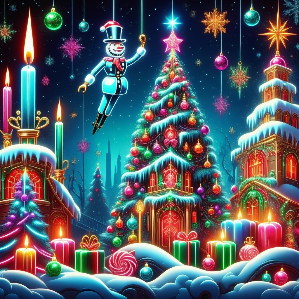 hyper detailed masterpiece, dynamic realistic digital art, awesome quality, DonMN30nChr1stGh0stsXL neon christmas fantasy art, the nutcracker, candles,rolls, generous and giving,peaceful and serene, sputnik chandeliers, building snowmen and having snowball fights  <lora:DonMN30nChr1stGh0stsXL-000009:1>