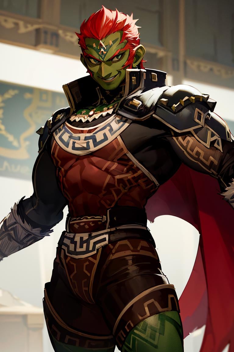 ((masterpiece,best quality)), absurdres, <lora:OoT_Ganondorf_Zelda:0.8>, OoT_Ganondorf_Zelda, solo, ((green skin)), cape, smiling, looking at viewer, cowboy shot, cinematic composition, dynamic pose