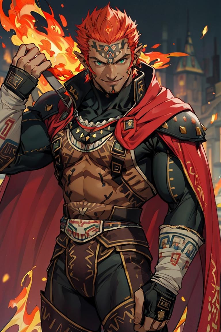 ((masterpiece,best quality)), muscular ,<lora:OoT_Ganondorf_Zelda_Anime:0.8>, OoT_Ganondorf_Zelda, solo, (green skin), cape,solo, 1boy, young handsome face,(fire:1, fiery hair,)solo, smiling, looking at viewer, cowboy shot,