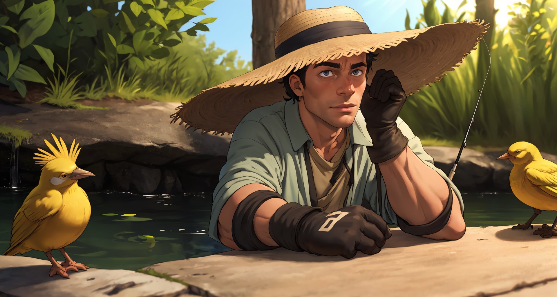 (masterpiece, best quality), cinematic composition, letterboxed, depth of field, solo focus, fisherman sitting on a pier with yellow birds resting on the ground, gloves, yellow bird, brown gloves, fishing pole, pond, sunlight, black hair, straw hat, looking at viewer, close-up, (mature male:1.2), planet, dappled sunlight,