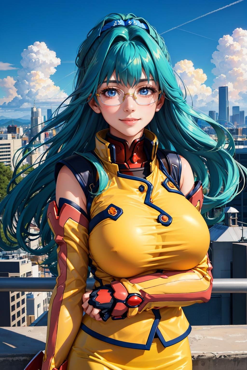 masterpiece, best quality, <lora:srwangelica-nvwls-v1:1> srwangelica, hair intakes, hair ornament, blue eyes, glasses, yellow uniform, detached sleeves, yellow skirt, fingerless gloves, huge breasts, upper body, blue sky, clouds, cityscape, smile, looking at viewer