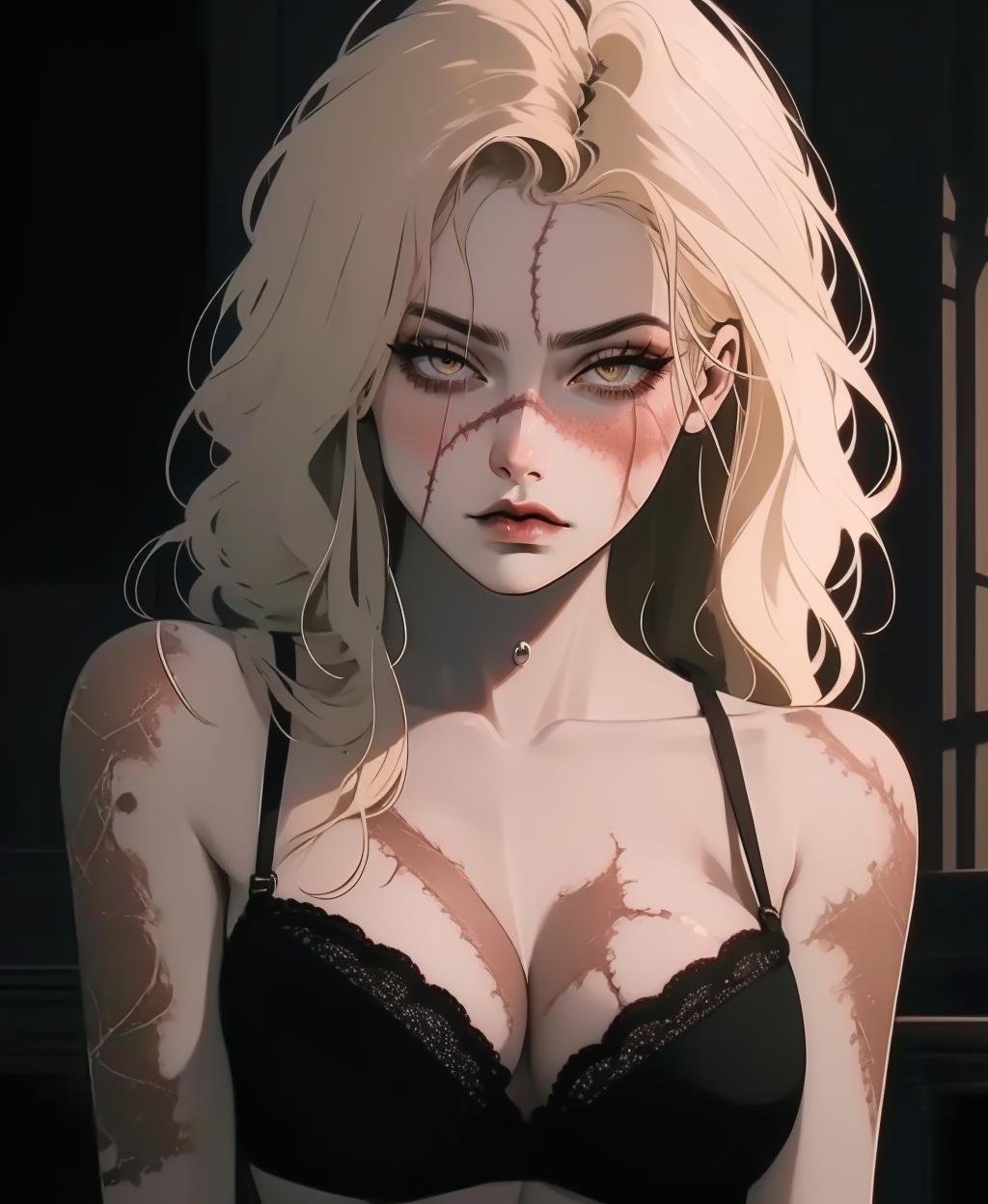 (better_scar: 1.21), (veins: 1.21), (burn scar: 1.21), (scar on nose: 1.21), (scar on arm: 1.21), (scar on stomach: 1.21), sexy, 1girl, collarbone, pale skin, lipstick, lips, medium breasts, eyeliner, bra, solo, (gothic architecture: 1.1), indoors, castle background, upper body, <lora:better_scar-10:1>, (multiple monochrome:1.3), (striking facial expression, soft diamond face:1.3), short hair, light blonde hair, big dreamy eyes, yellow eyes, greek nose, angled eyebrows, v-shaped chin, alluring lips, (masterpiece, best quality, detailed:1.3), sexy, (HDR:1.3)