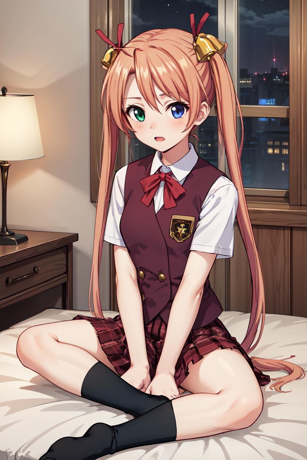 masterpiece,best quality,highres,ultra-detailed,bbasuna,heterochromia,long hair,ahoge,twintails,hair bell,school uniform,red bowtie,vest,shirt,short sleeves,plaid skirt,socks,black socks,<lora:kagurazaka_asuna:0.7>,indoors,sitting,bed,blush,embarrass,night,