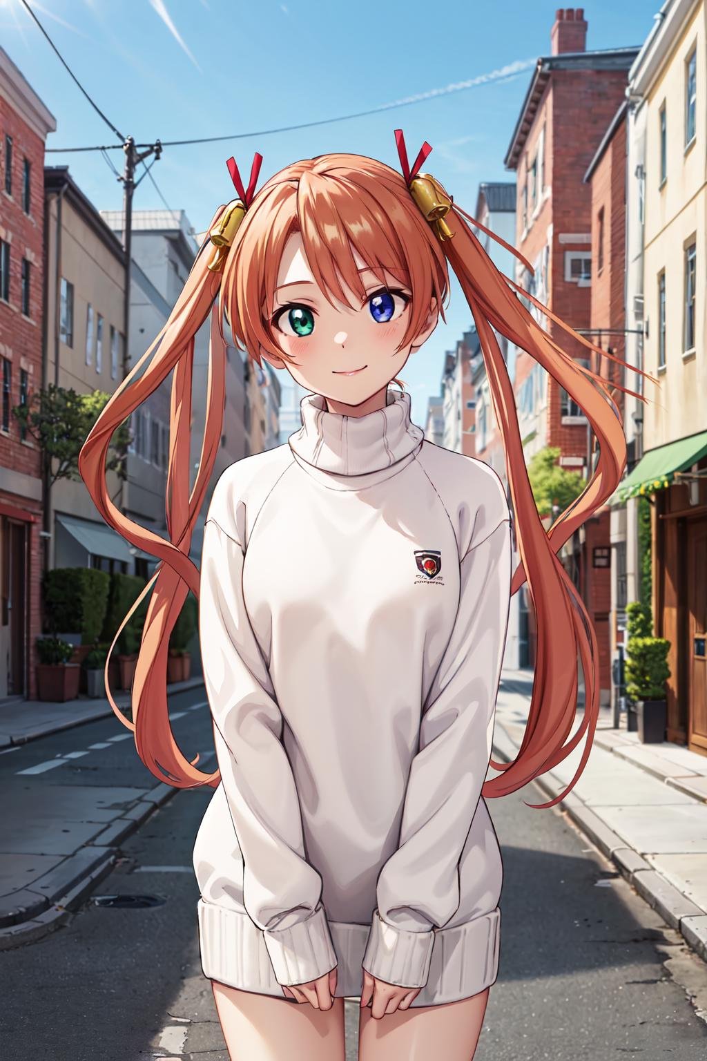 masterpiece,best quality,highres,ultra-detailed,aaasuna,heterochromia,long hair,ahoge,twintails,hair bell,<lora:kagurazaka_asuna:0.7>,(sweater:1.2),turtleneck,street,smile,standing,