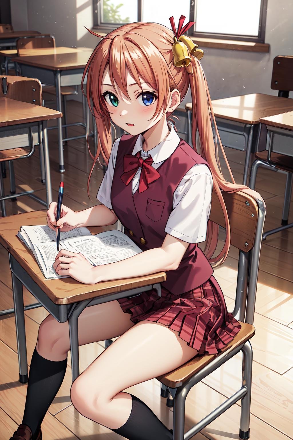 masterpiece,best quality,highres,ultra-detailed,bbasuna,heterochromia,long hair,ahoge,twintails,hair bell,school uniform,red bowtie,vest,shirt,short sleeves,plaid skirt,socks,black socks,loafers,<lora:kagurazaka_asuna:0.7>,indoors,sitting,desk,chair,classroom,(studying:1.2),