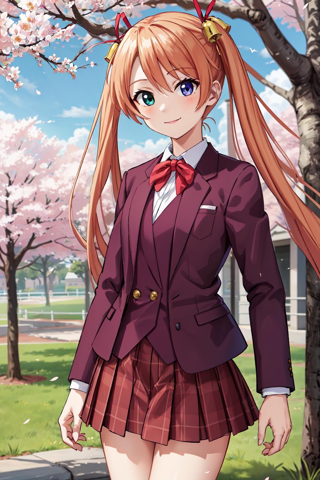 masterpiece,best quality,highres,ultra-detailed,aaasuna,heterochromia,long hair,ahoge,twintails,hair bell,school uniform,blazer,(jacket:1.3),red bowtie,vest,shirt,long sleeves,plaid skirt,socks,black socks,loafers,<lora:kagurazaka_asuna:0.7>,outdoors,standing,smile,cherry blossoms,cowboy shot,