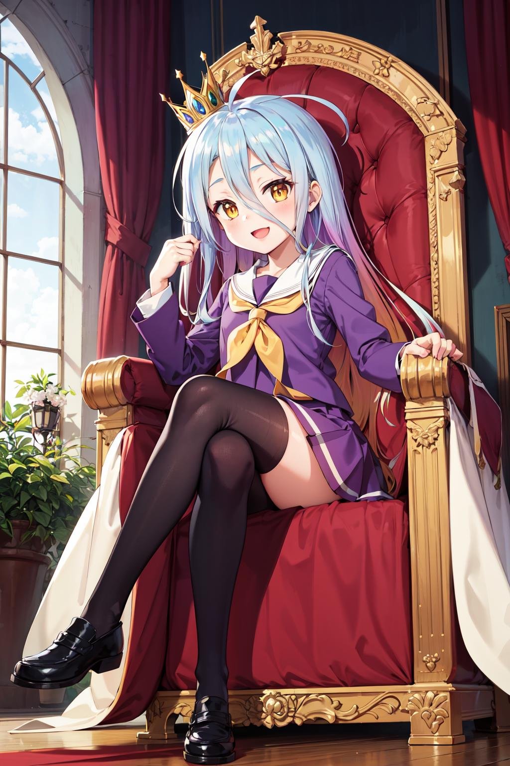 masterpiece,best quality,highres,ultra-detailed,shiro \(no game no life\),mini crown,long hair,multicolored hair,hair between eyes,gradient hair,yellow eyes,flat chest,(school uniform:1.2),yellow neckerchief,sailor collar,purple shirt,long sleeves,purple skirt,thighhighs,black footwear,loafers,<lora:shiro _(no game no life) :0.7>,indoors,(castle:1.2),royal castle,red carpet,(throne:1.2),sitting,:d,crossed_legs,