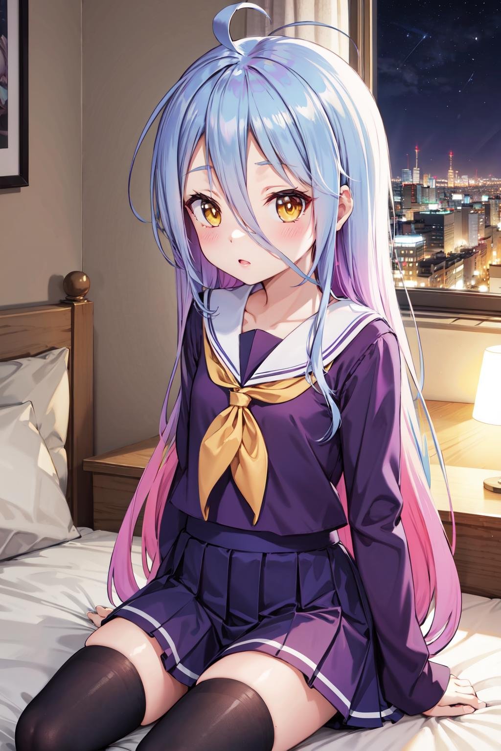 masterpiece,best quality,highres,ultra-detailed,shiro \(no game no life\),long hair,multicolored hair,hair between eyes,gradient hair,yellow eyes,flat chest,(school uniform:1.2),yellow neckerchief,sailor collar,purple shirt,long sleeves,purple skirt,thighhighs,<lora:shiro _(no game no life) :0.7>,indoors,sitting,night,bed,blush,embarrass,