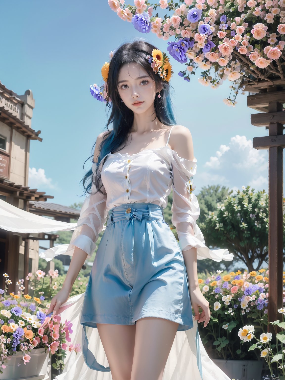  1 girl,flowers (innocent grey),Sky blue hair,standing,1girl, bangs, blue_sky, blush, bouquet, breasts, city, cityscape, cloud, cloudy_sky, collarbone, confetti, daisy, day, falling_petals, fence, ferris_wheel, field, flower, flower_field, hair_ornament, hairclip, holding, holding_flower, house, jacket, leaves_in_wind, long_hair, long_sleeves, looking_at_viewer, open_clothes, open_jacket, outdoors, petals, rose_petals, sky, skyline, skyscraper, smile, solo, sunflower, tower, upper_body, wind, windmill, yellow_flower, (wide shot, mid shot, panorama), blurry,Nebula, flowing skirts,（smoke）,Giant flowers,