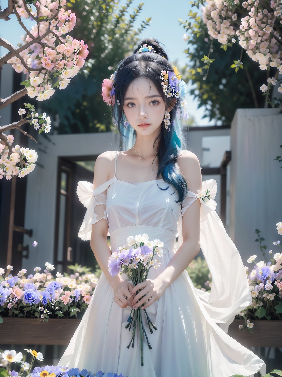  1 girl,flowers (innocent grey),Sky blue hair,standing,1girl, yuzu, qingsha, medium shot, solo, emotional_face, flower dress, flower armor, looking_at_viewer, green_theme, colorful blooming flowers, forming a dreamlike world, flower_garden, flowers everywhere, greens, pinks, bokeh, cinematic, exposure blend, (teal and orange:0.85), (muted_colors, dim_colors, soothing_tones:1.3), high contrast, low saturation, (Canon RF 85mm f/1.2L), angel, Nebula