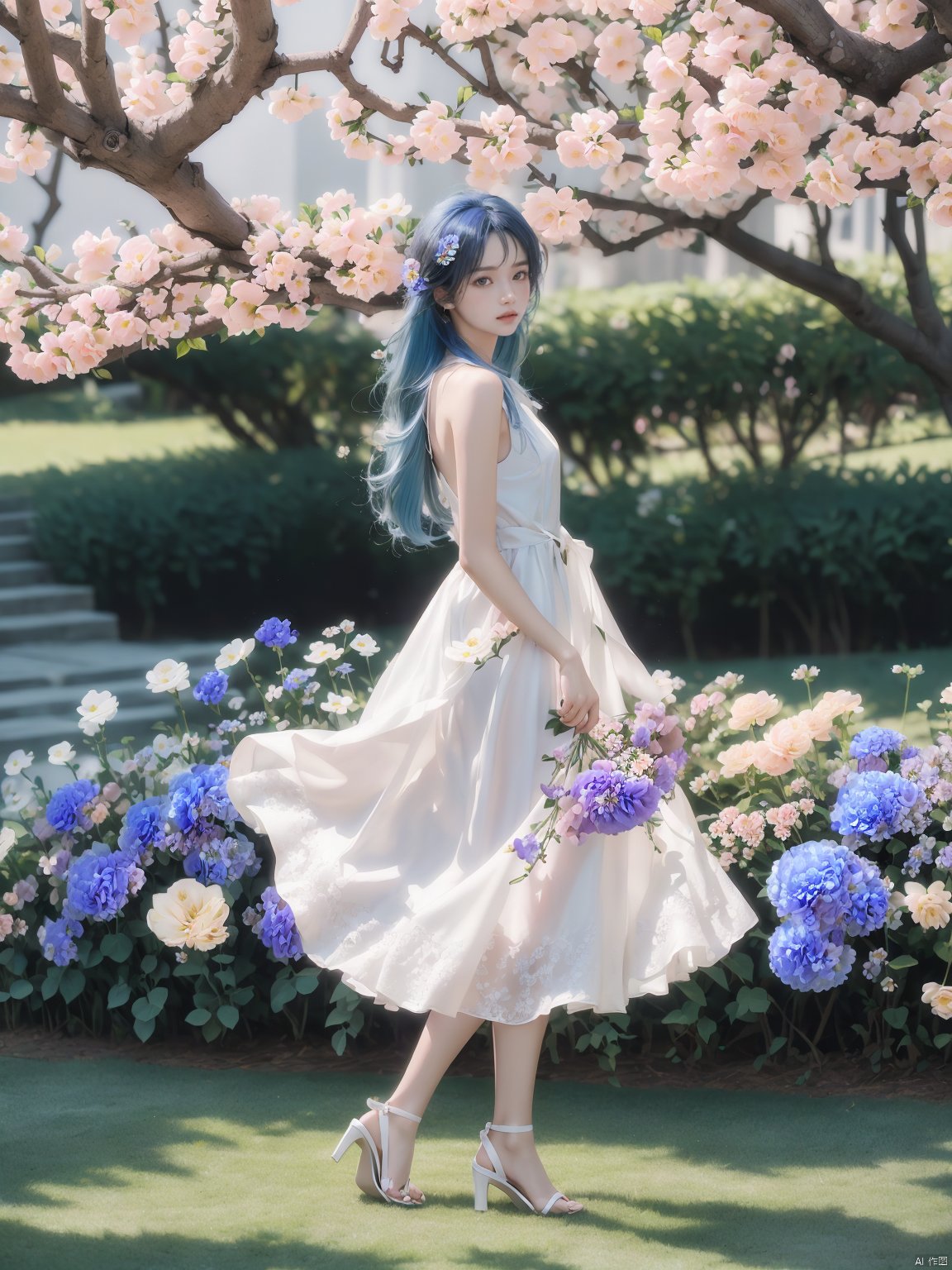 Mai, 1girl, dress, flower, blue hair, solo, white dress, hair ornament, outdoors, long hair, hair flower, white footwear, high heels, holding, full body, tree, looking at viewer, standing, bouquet, skirt hold, pink flower, day, bangs, sleeveless dress, white flower, sleeveless, grass, bare shoulders, brown eyes, sandals, A normal face, Normal hands, Normal legs, Normal feet, Upper body, Sky blue hair