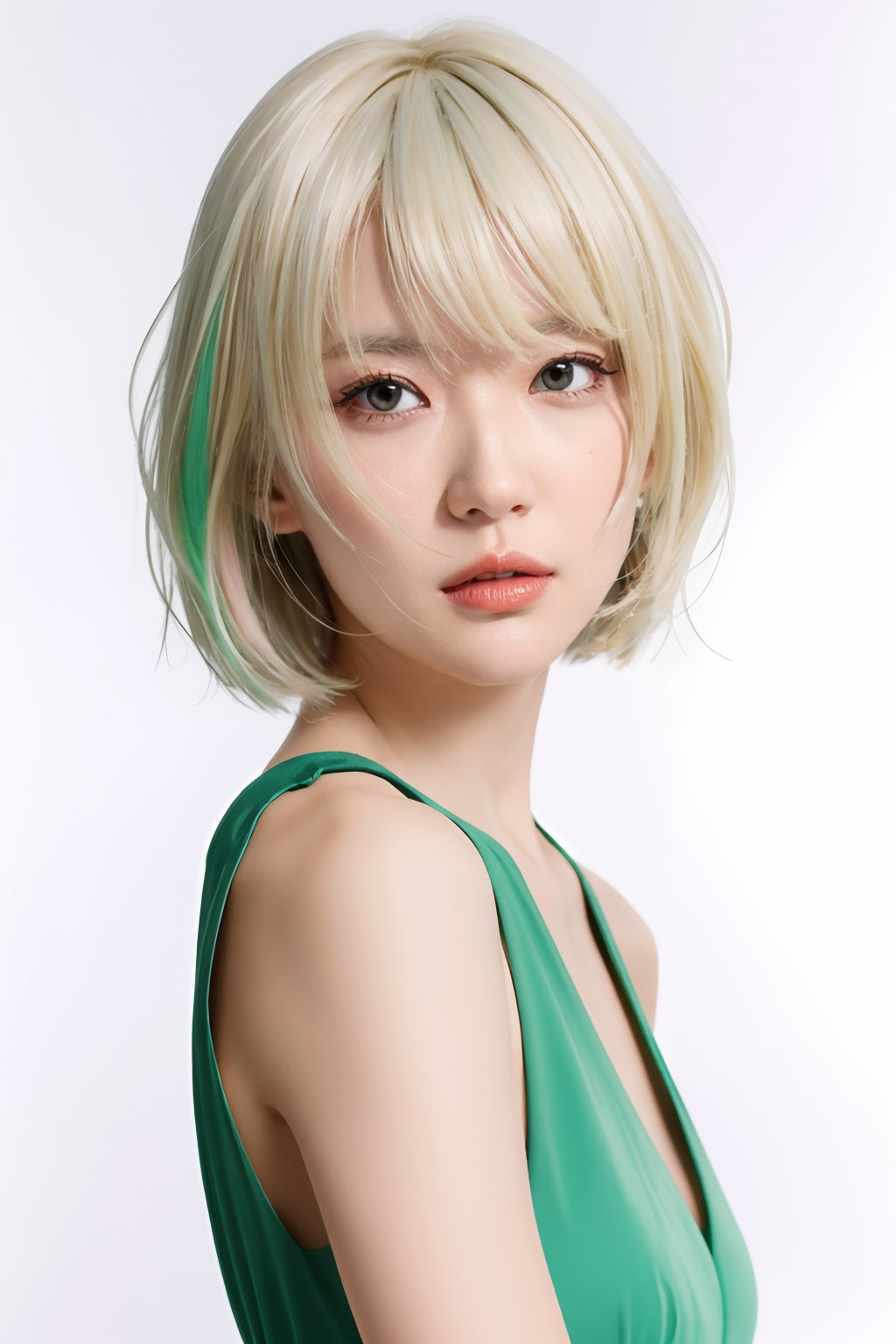  blunt bangs, masterpiece, best quality, best illustration, ultra-detailed, upper body, solo, 1 girl, looking at viewer, upright, arms at sides, beautiful detailed eyes, concept art, white background, simple background, white hair, green gradient hair, expressionless, blush, virtual youtuber, short hair,blonde hair, monkren