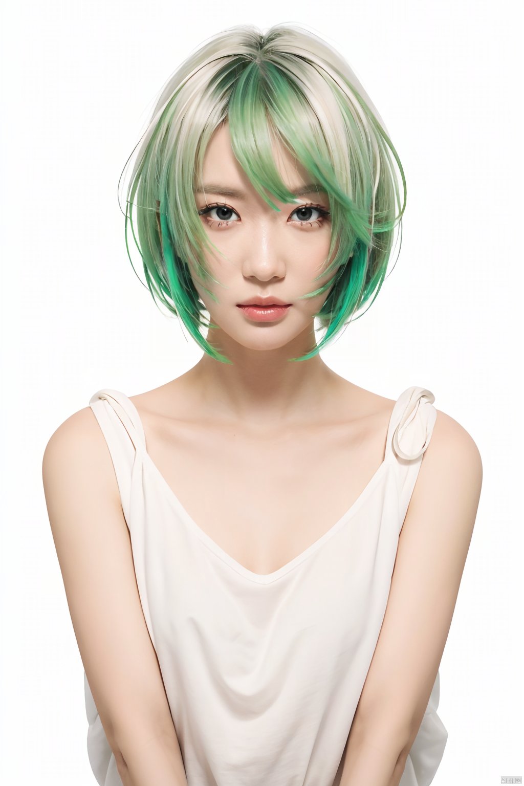  blunt bangs, masterpiece, best quality, best illustration, ultra-detailed, upper body, solo, 1 girl, looking at viewer, upright, arms at sides, beautiful detailed eyes, concept art, white background, simple background, white hair, green gradient hair, expressionless, blush, virtual youtuber, short hair,blonde hair, monkren