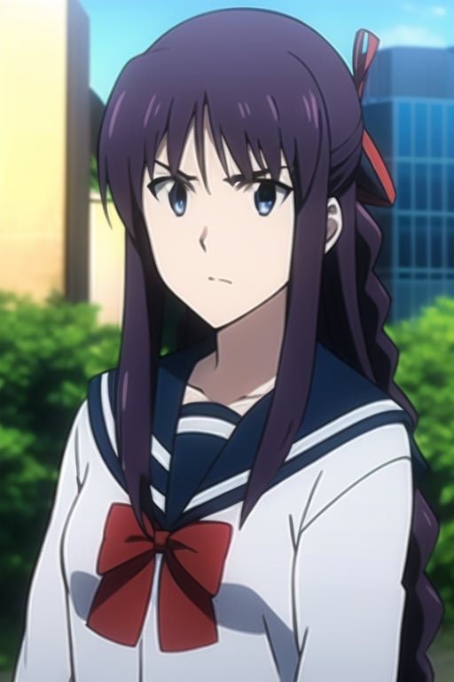 ((Masterpiece, Best Quality)), 1girl, blue eyes, hair ribbon , kneehighs, long hair, purple hair, red ribbon, school uniform, serafuku, solo, twin braids, upper_body, city