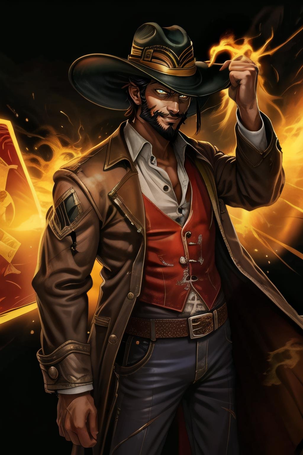 1boy, glowing eyes, cowboy hat, jacket, cowboy, belt, twisted fate, facial hair, smirk, black hair,  old western background, waist up, best quality,  <lora:twistedfate:0.7>