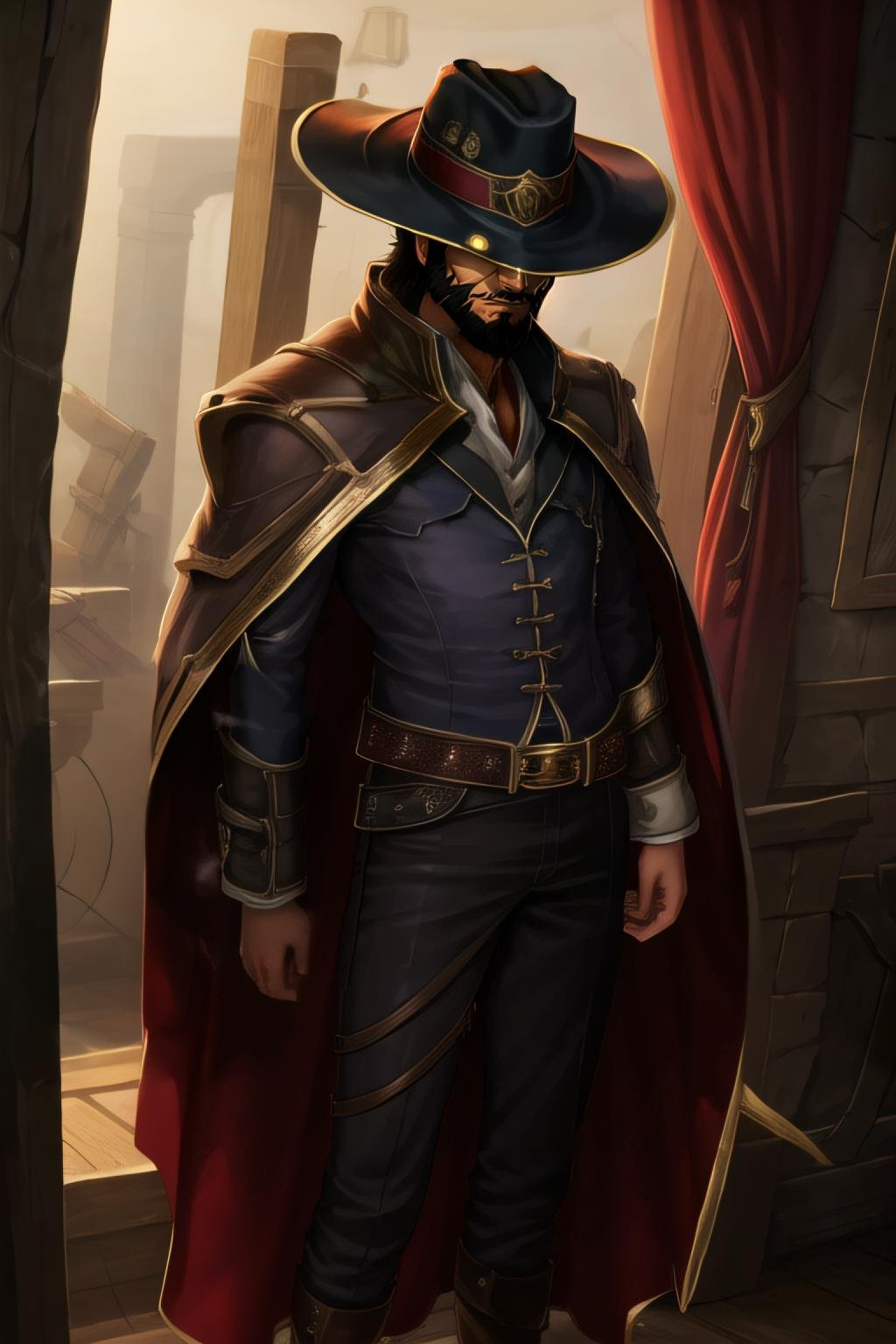 1boy, glowing eyes, black hair, hat, coat, cape, belt, twisted fate, beard, black hair,  rogue, dimly-lit room, tavern, waist up, best quality,   <lora:twistedfate:0.7>