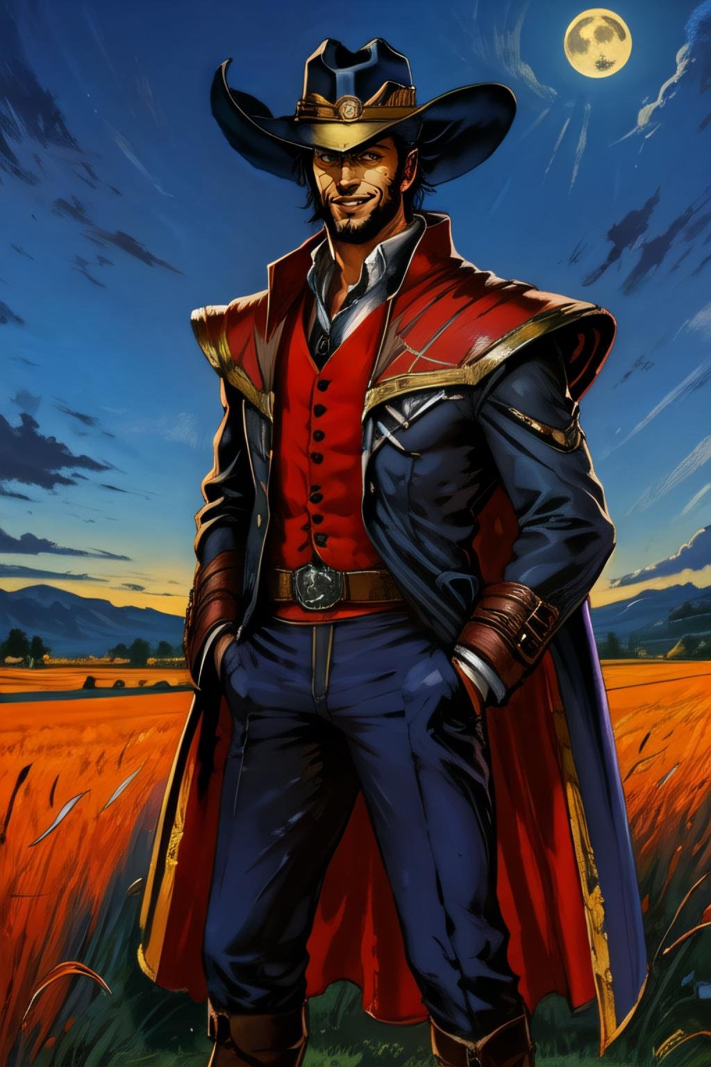 portrait, 1boy, waist up, looking at the horizon, hands in pockets, heroic pose, coat, cape, hat, smile, blue sky, twisted fate, orange grass field, western town ruins, moonlight, deep colors, best quality, <lora:twistedfate:0.7>, <lora:limshad:0.6>