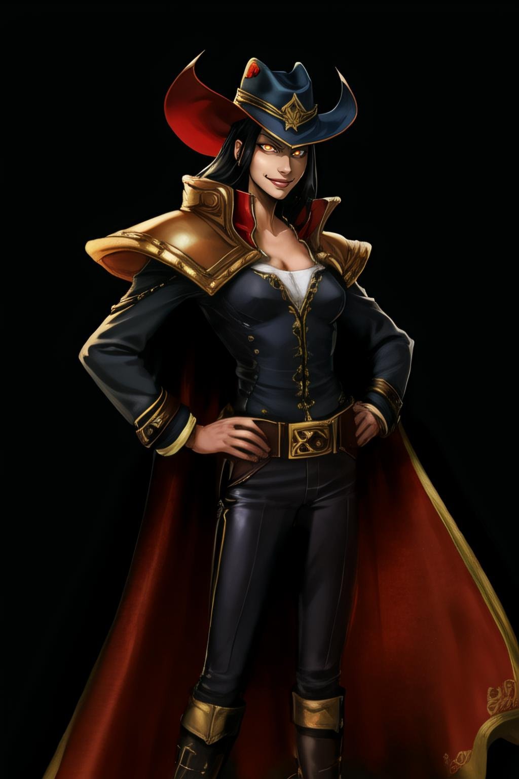 1girl, glowing eyes, hat, coat, ((black and red cape)), belt, twisted fate, hands on hips, medium breasts, smirk, long black hair,  simple background, waist up, best quality,  <lora:twistedfate-000020:0.7>