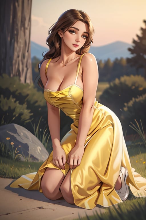 (8k, best quality, masterpiece: 1.2), (realistic, photorealistic: 1.2), soft light, woman in her 20s (pretty face, smooth and shiny skin with textures) (detailed eyes) ((with yellow dress)), (small breasts:1.3) looking at the viewer), absurdly ultra 16k resolution image, good brightness, nice landscape. (full body image)