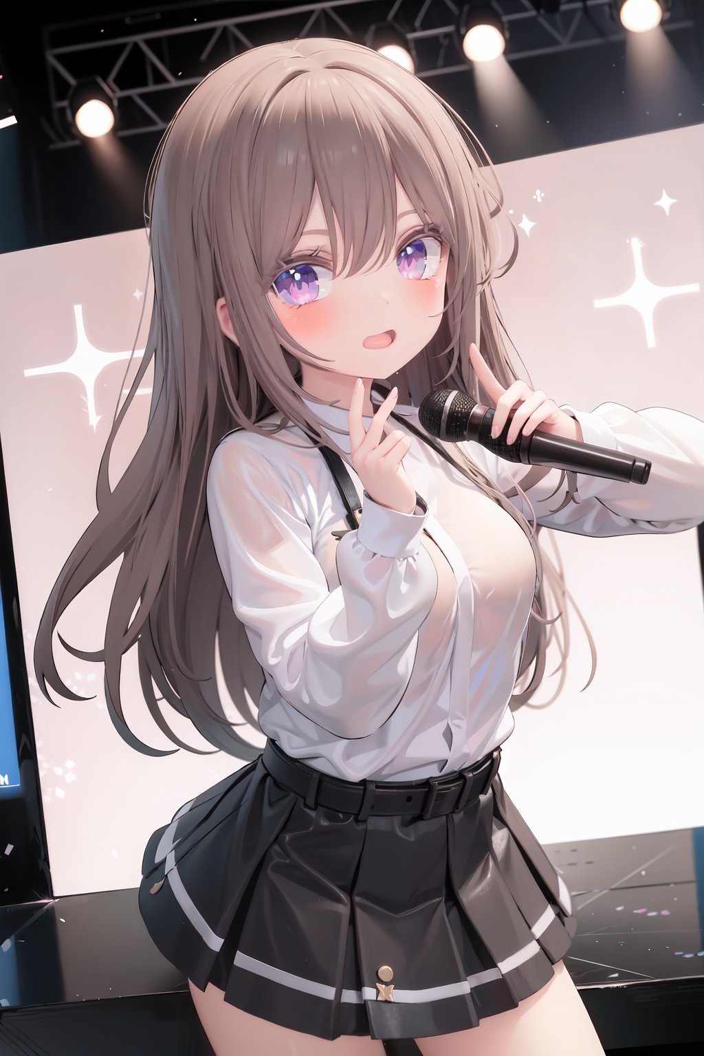  1girl, solo, microphone, smile, skirt, blush, brown eyes, long hair, open mouth, looking at viewer, brown hair, long sleeves, :d, shirt, bangs, belt, breasts, pink shirt, outstretched arm, music, black belt, medium breasts, holding microphone, singing