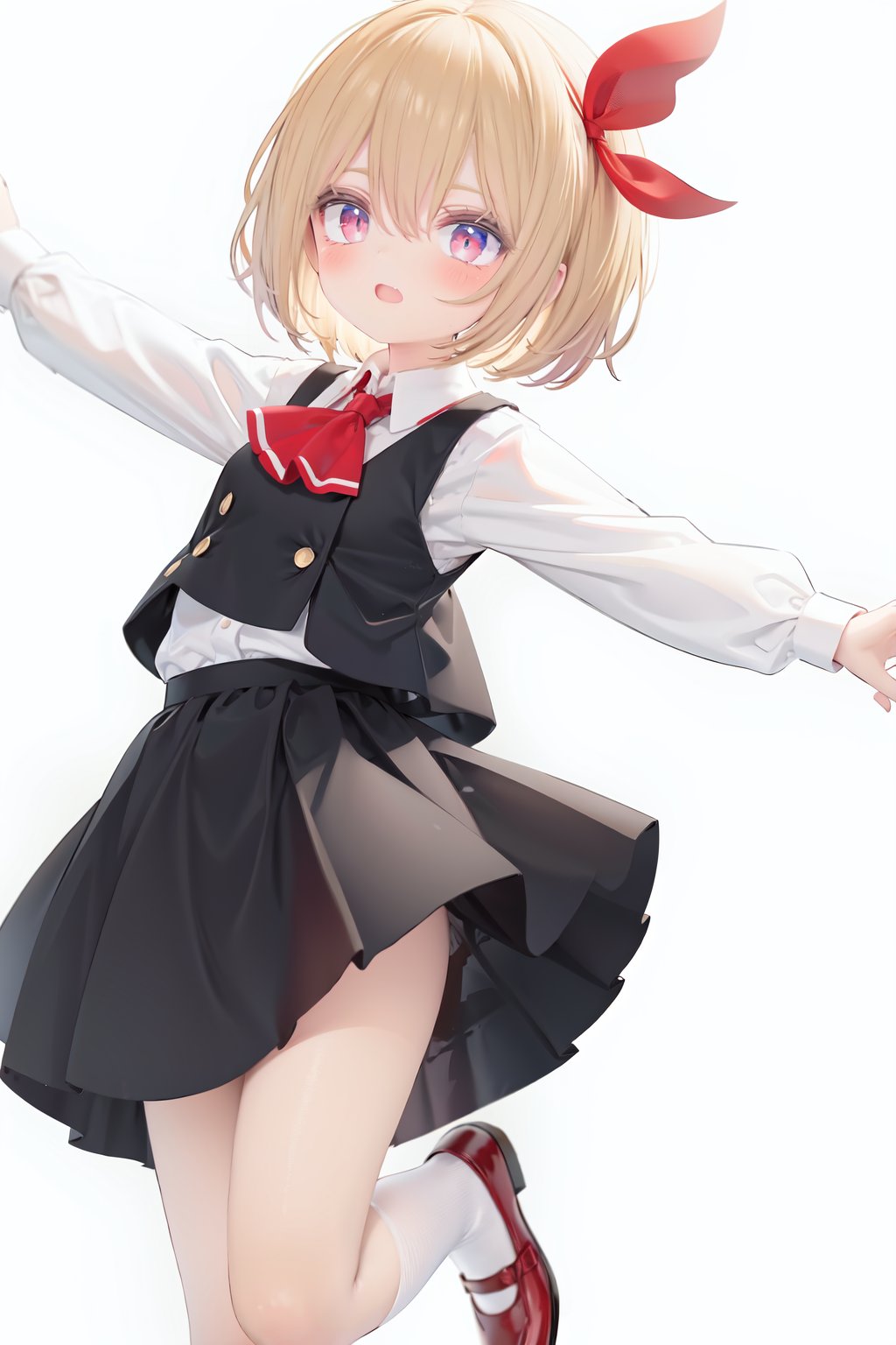  1girl, rumia, blonde hair, solo, white background, red eyes, red footwear, simple background, ascot, short hair, ribbon, open mouth, hair ribbon, smile, long sleeves, shirt, looking at viewer, red ascot, white socks, white shirt, red ribbon, shoes, socks, frills, bangs, outstretched arms, hair between eyes, skirt, :d, dress, vest, mary janes, black dress, black skirt, collared shirt, black vest, blush