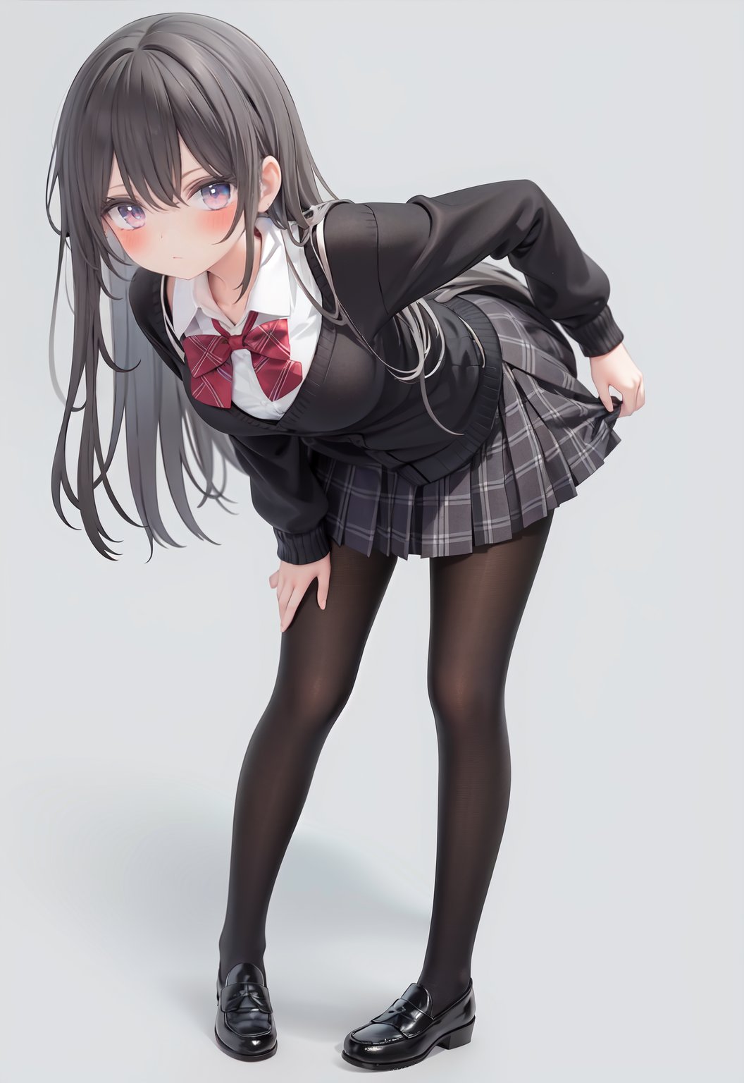  1girl, solo, pantyhose, skirt, long hair, loafers, shoes, simple background, school uniform, brown eyes, plaid, black pantyhose, plaid skirt, looking at viewer, black hair, pantyhose pull, full body, clothes pull, black footwear, pleated skirt, leaning forward, bangs, long sleeves, bent over, cardigan, bow, bowtie, standing, closed mouth, pulled by self, grey background, blush, miniskirt, red bow, sweater, undressing