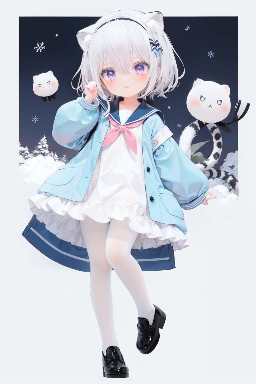  cute,Infant,solo blue shirt,blue sailor coat,loli,full body,white hair,snow leopard ear,white background,pink eyes,laugh,happy,white pantihose,white pantyhose,red armband,