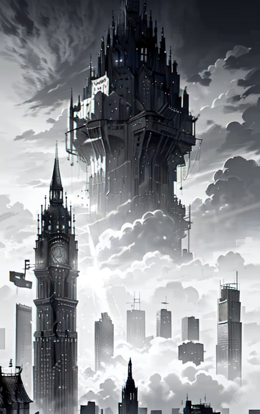 Grayscale,manga Landscape,Monochromatic,fantasy landscape,fantasy concept,city ​​in the sky, floating city,City in the clouds, clouds,blue sky,CG unity 8k ,Brilliant light,{{{cinematic lighting,Light rays}}},(illustration:1.2)