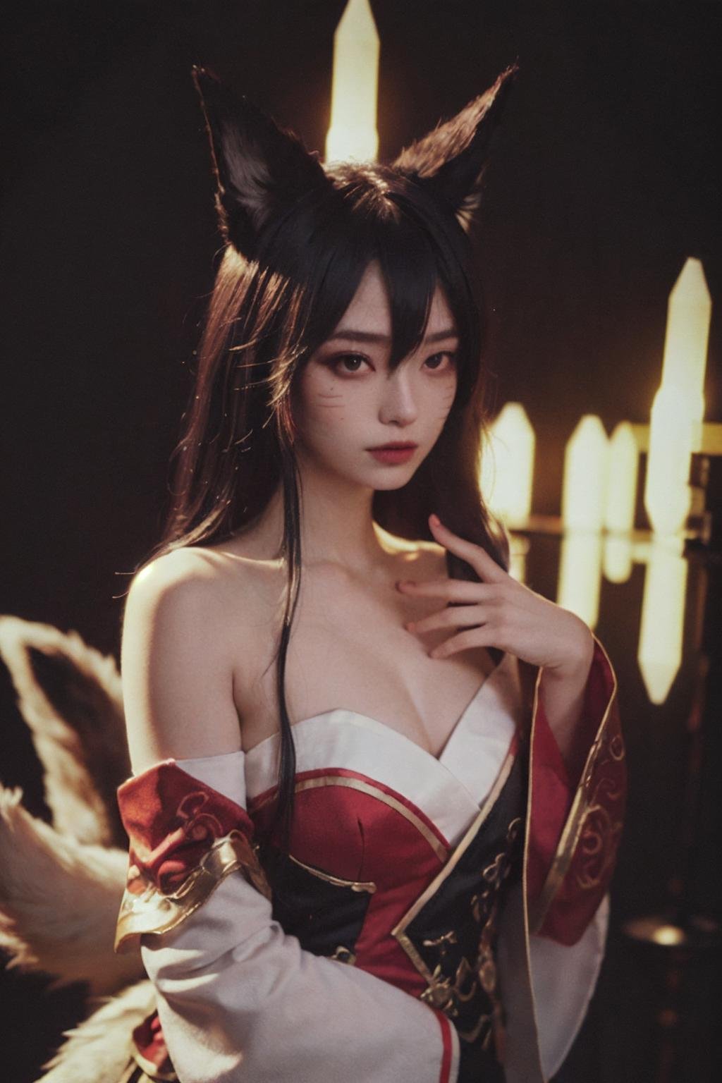 Best quality, masterpiece, ultra high res, (photorealistic:1.4), raw photo, 1girl, offshoulder, in the dark, deep shadow, low key, cold light, AHRI_COSPLAY, WHITE TAILS, BLACK LONG HAIR, YELLOW EYES <lora:FilmG2:0.5:1,0,0,0,0,0,0,0,0,0,0,0.8,1,1,1,1,1> <lora:ahri_Cosplay_V1:1:1,1,1,1,1,0,0,0,1,1,1,1,1,1,1,0,0>,fix,good hands,<lora:Polaroid Type_600_B_1.1:1>,<lora:add_detail:0.3:1,0,1,1,0.2,0,0,0,0,0,0,0,0,0,0,0,0>,