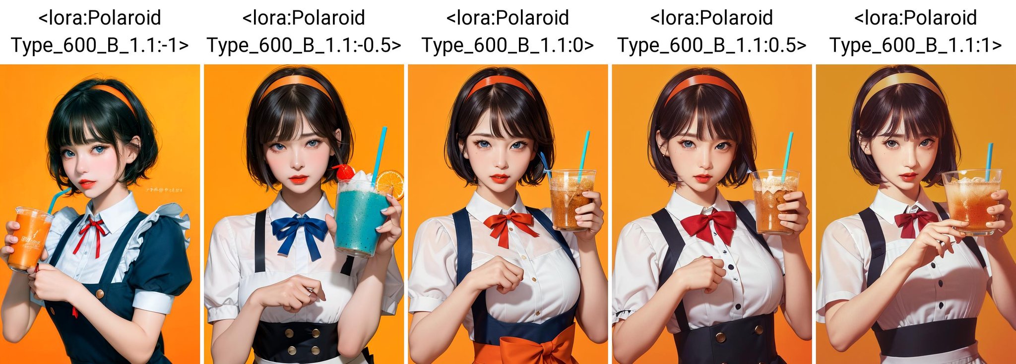 (masterpiece, best quality), intricate details, 8k, artstation, wallpaper, sharp focus,1girl, solo, black hair, short hair, blue eyes, bangs, ribbon, puffy short sleeves, looking at viewer, food, orange ribbon, blood, upper body, apron, bob cut, orange hairband, blue background, dress, parted lips, red lips, brown bow, neck ribbon, blunt bangs, holding cup, two-tone background, drinking straw, collared shirt, fix,good hands,cute,whole body, <lora:Polaroid Type_600_B_1.1:-1>