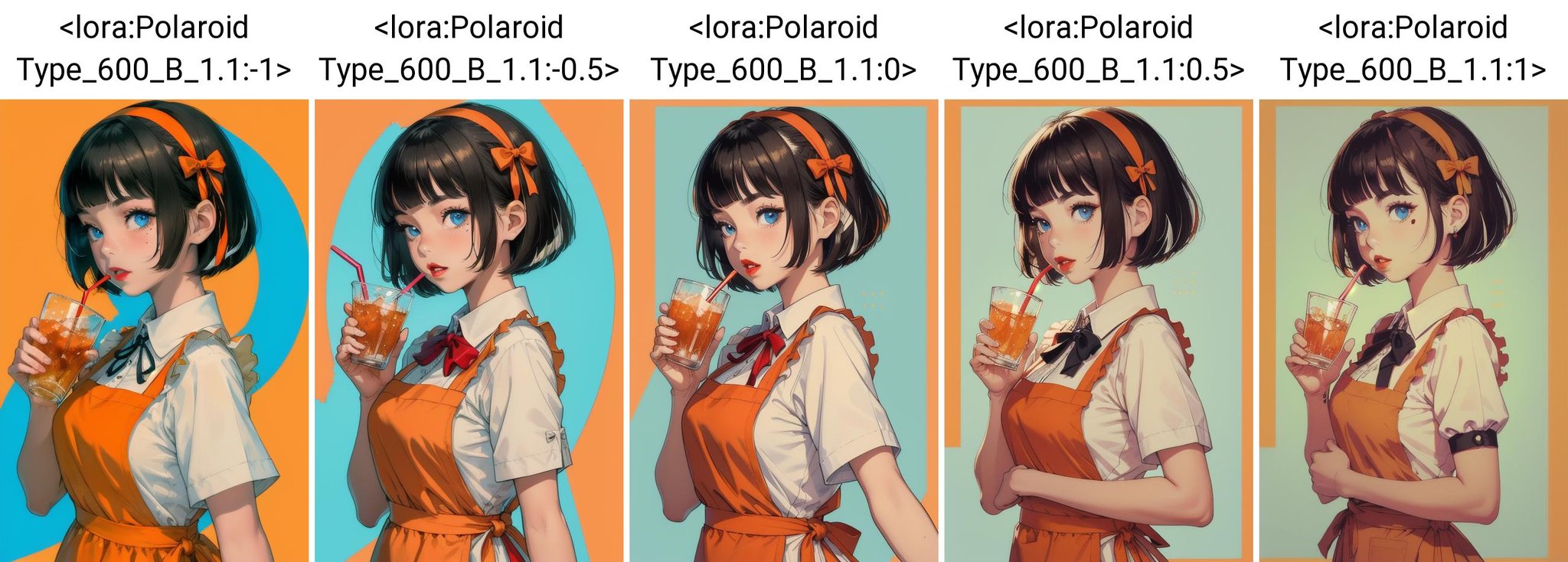 (masterpiece, best quality), intricate details, 8k, artstation, wallpaper, sharp focus,1girl, solo, black hair, short hair, blue eyes, bangs, ribbon, puffy short sleeves, looking at viewer, food, orange ribbon, blood, upper body, apron, bob cut, orange hairband, blue background, dress, parted lips, red lips, brown bow, neck ribbon, blunt bangs, holding cup, two-tone background, drinking straw, collared shirt, fix,good hands,cute,whole body, <lora:Polaroid Type_600_B_1.1:-1>