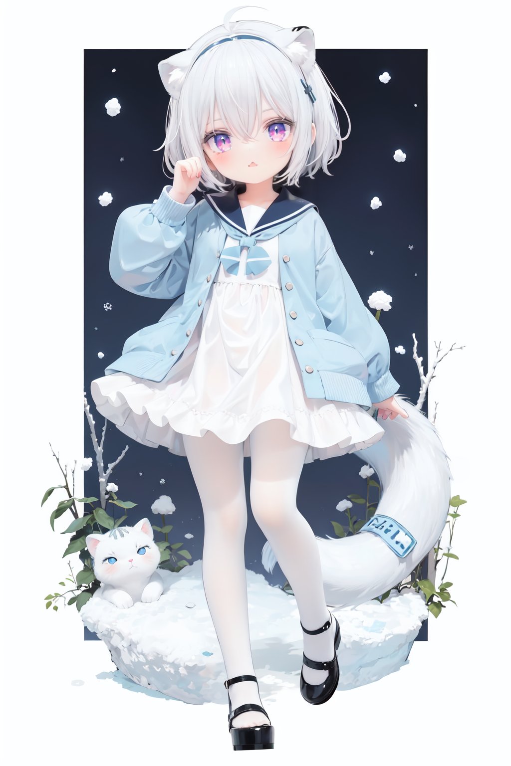  cute,Infant,solo blue shirt,blue sailor coat,loli,full body,white hair,snow leopard ear,white background,pink eyes,laugh,happy,white pantihose,white pantyhose,red armband,