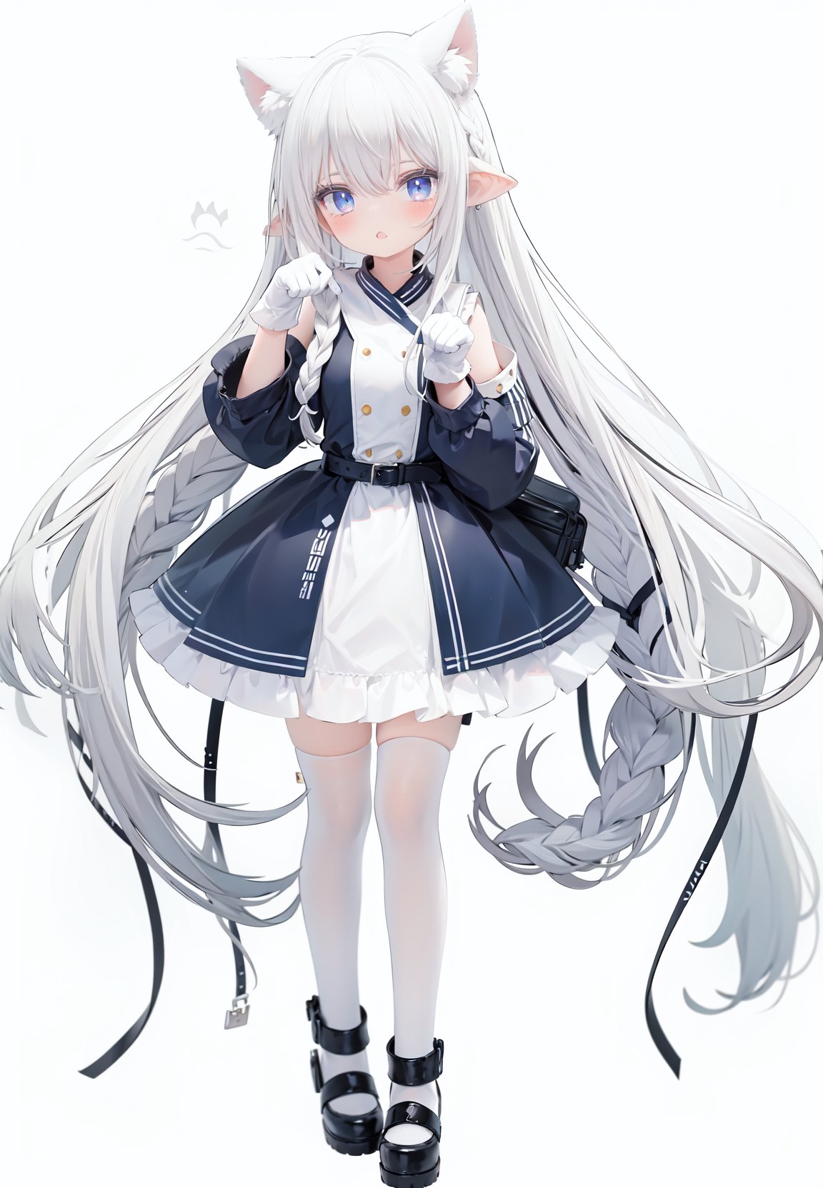  1girl, white_gloves, braid, full_body, gloves, long_hair, official_alternate_costume, pointy_ears, simple_background, solo, standing, very_long_hair, white_background, white hair, blue eyes, paw claw pose, open_mouth