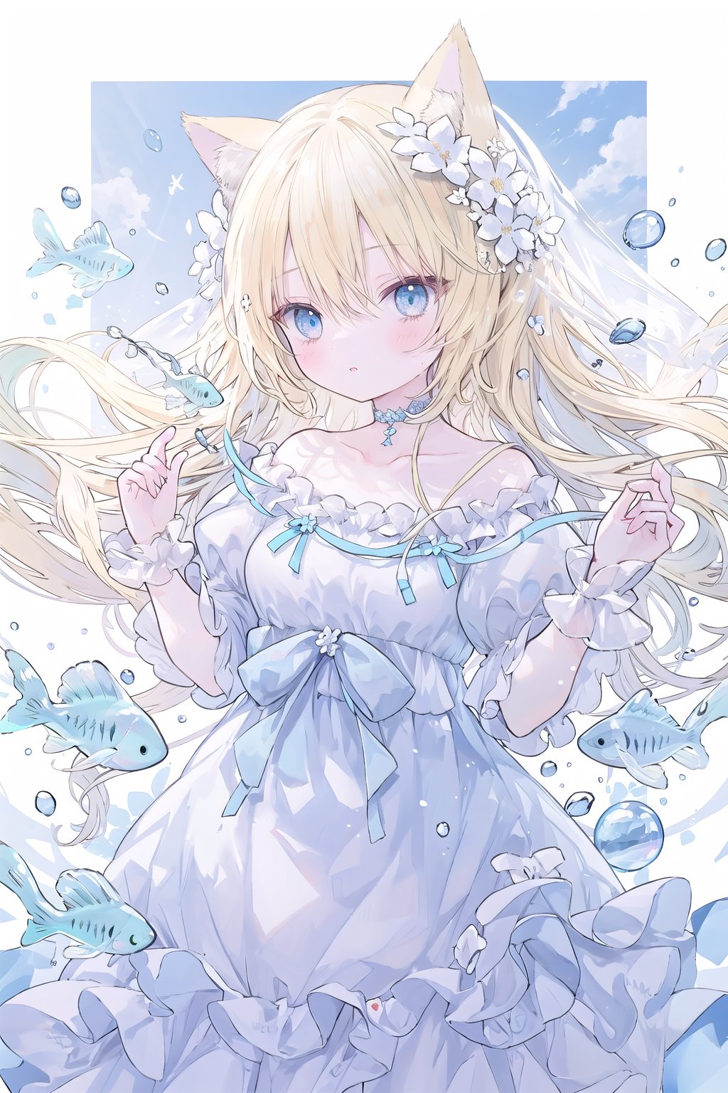 1girl, solo, long_hair, breasts, blush, bangs, blue_eyes, blonde_hair, hair_ornament, long_sleeves, dress, animal_ears, hair_between_eyes, very_long_hair, collarbone, flower, short_sleeves, frills, parted_lips, choker, puffy_sleeves, cat_ears, hair_flower, wide_sleeves, off_shoulder, white_dress, puffy_short_sleeves, animal_ear_fluff, hands_up, floating_hair, blue_dress, animal, looking_away, white_flower, veil, fish, off-shoulder_dress<lora:onineko-000013:0.6>