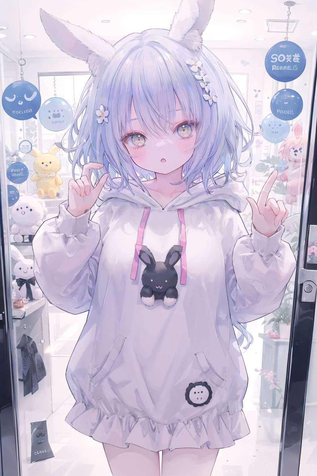  1girl, solo, long_hair, bangs, long_sleeves, animal_ears, blue_hair, standing, yellow_eyes, hood, wide_sleeves, :o, parted_bangs, hands_up, stuffed_toy, forehead, hood_up, animal_hood, character_doll, against_glass, rabbit_hood,