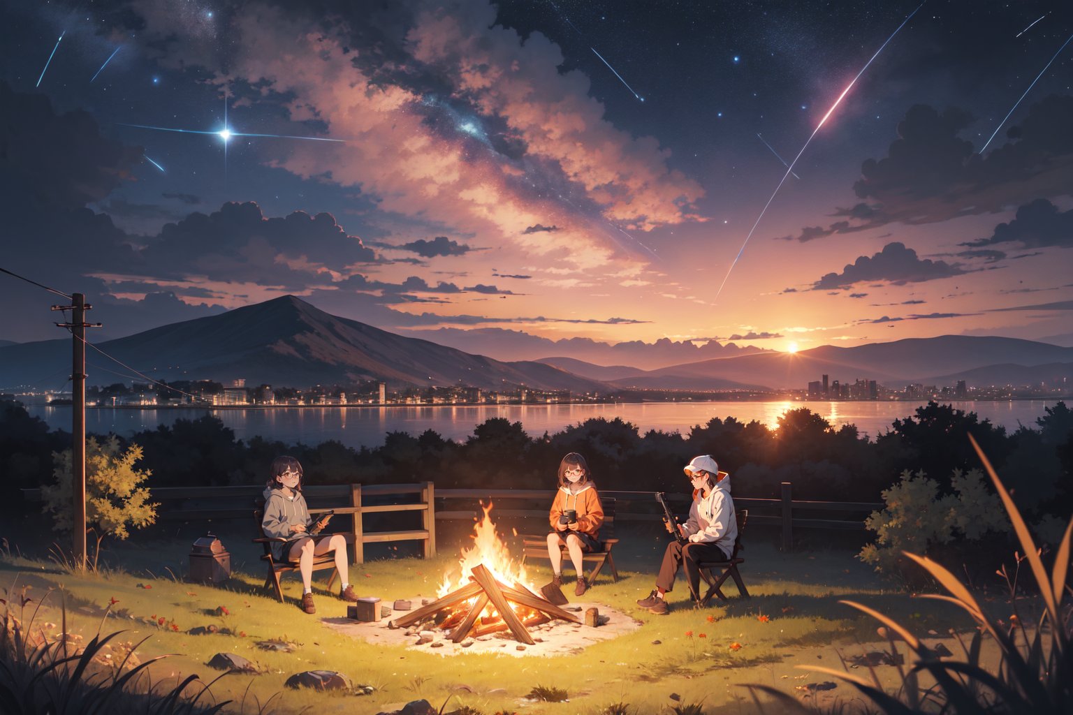 (masterpiece:1.3), (absurdres:1.3), (best quality:1.3), (ultra-detailed:1.3), 1girl, bespectacled, hoddie, autumn, autumn leaves, building, burning, campfire, city, city lights, cityscape, cloud, cloudy sky, diffraction spikes, dusk, evening, fire, fireplace, flame, gradient sky, grass, hill, horizon, lens flare, maple leaf, molten rock, mountain, mountainous horizon, nature, no humans, ocean, orange sky, orange theme, outdoors, palm tree, power lines, purple sky, red sky, scenery, shooting star, sky, star \(sky\), starry sky, sun, sunlight, sunrise, sunset, tree, twilight, utility pole, water, yellow sky