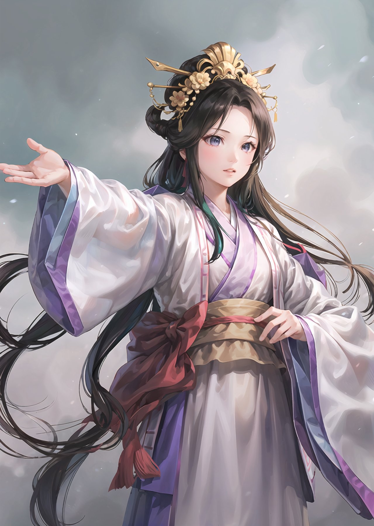 SGZ, solo, long hair, black hair, wide sleeves, hanfu, 1girl, hairband, very long hair, long sleeves, chinese clothes, realistic, hair ornament, parted lips, nose, lips, robe, outstretched<lora:SGZ-000004:1>,