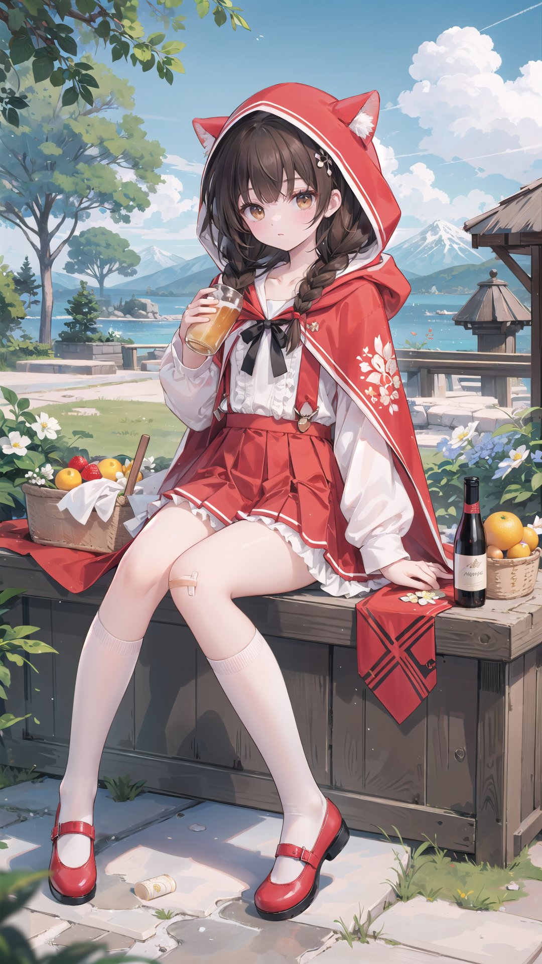  1girl, bottle, solo, skirt, sitting, braid, outdoors, hood, shirt, socks, white socks, white shirt, red skirt, twin braids, shoes, bandaid, red footwear, wine bottle, looking at viewer, tree, brown hair, day, long hair, holding, frills, little red riding hood (grimm), frilled skirt, food, bandaid on leg, mary janes, closed mouth, yellow eyes, hood up, bow, basket, kneehighs, fruit, sky, cloak, hooded cloak, grass, bangs, hooded cape, hooded capelet, alcohol, animal hood, full body, picnic basket, cup, cloud, bandaid on knee, pleated skirt, mountain, cape, brown eyes, collarbone, backlight