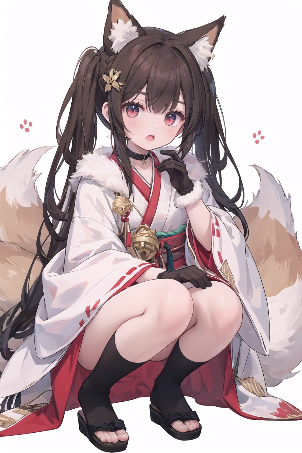  1girl, solo, looking_at_viewer, open_mouth, bangs, brown_hair, hair_ornament, red_eyes, gloves, long_sleeves, animal_ears, twintails, tail, braid, flower, white_hair, multicolored_hair, japanese_clothes, black_gloves, socks, wide_sleeves, collar, v-shaped_eyebrows, animal_ear_fluff, fur_trim, fox_ears, bell, fox_tail, squatting, staff, fox_girl, multiple_tails, jingle_bell, neck_bell, tabi, backlight, vibrantProj