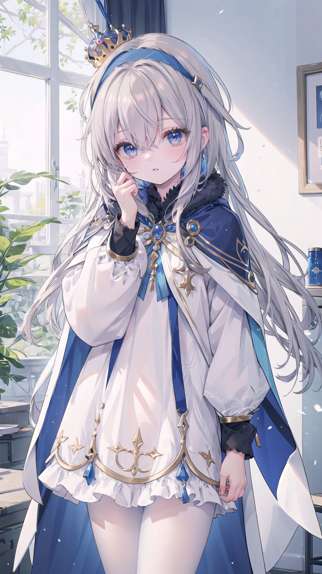  1girl, anastasia (fate), long hair, blue eyes, solo, hairband, looking at viewer, bangs, very long hair, dress, hair between eyes, white hair, mini crown, parted lips, holding, white dress, jewelry, hair over one eye, crown, cape, blue cloak, cloak, eyes visible through hair, brown hairband, backlight, white pantyhose, vibrantProj, black pantyhose