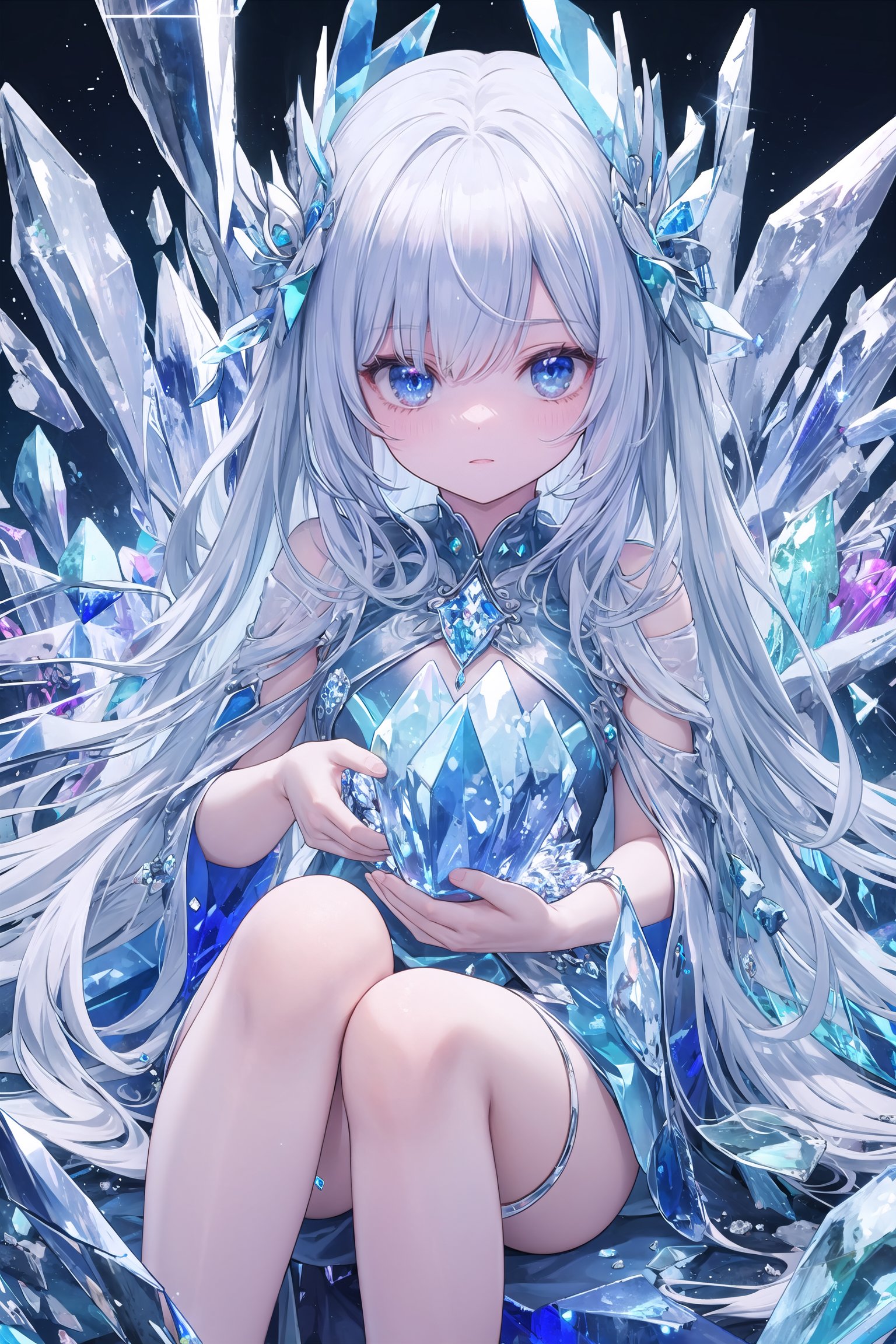  masterpiece, best quality, masterpiece,best quality,official art,extremely detailed CG unity 16k wallpaper,masterpiece, ((1girl)),(science fiction:1.1), (ultra-detailed crystallization:1.5), (crystallizing girl:1.5), kaleidoscope, ((iridescent:1.5) long hair), (glittering silver eyes), sitting, surrounded by colorful crystals, blue skin, (skin fusion with crystal:1.8), looking up, face focus, simple dress, transparent crystals, flat dark background, lens flare, prism,