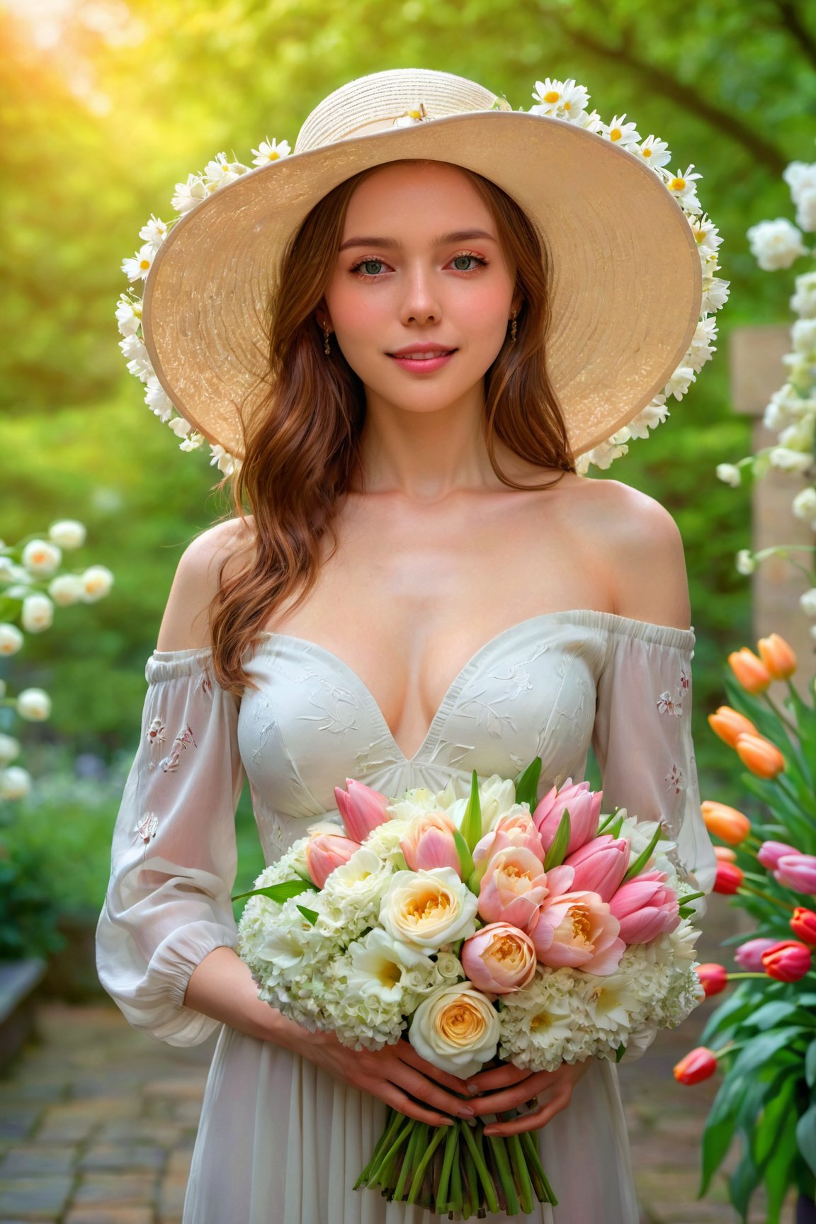 (best quality,4k,8k,highres,masterpiece:1.2),ultra-detailed,(realistic,photorealistic,photo-realistic:1.37),medium:oil painting,1girl,colorful flowers,garden setting,natural lighting,blooming flowers,green foliage,beautiful detailed eyes,beautiful detailed lips,natural makeup,gently smiling face,brown wavy hair,floral patterned hat,delicate hands with long fingers,flowing elegant dress,holding a meticulously arranged bouquet of various flowers,freshly picked roses,tulips,lilies,peonies,daisies,hydrangeas,exquisite details on each flower petals,soft and vibrant colors,subtle shadows and highlights,gentle breeze caressing the flowers,full of life and energy,charming and confident expression,a bee hovering around the bouquet,classical and elegant atmosphere,more detail XL