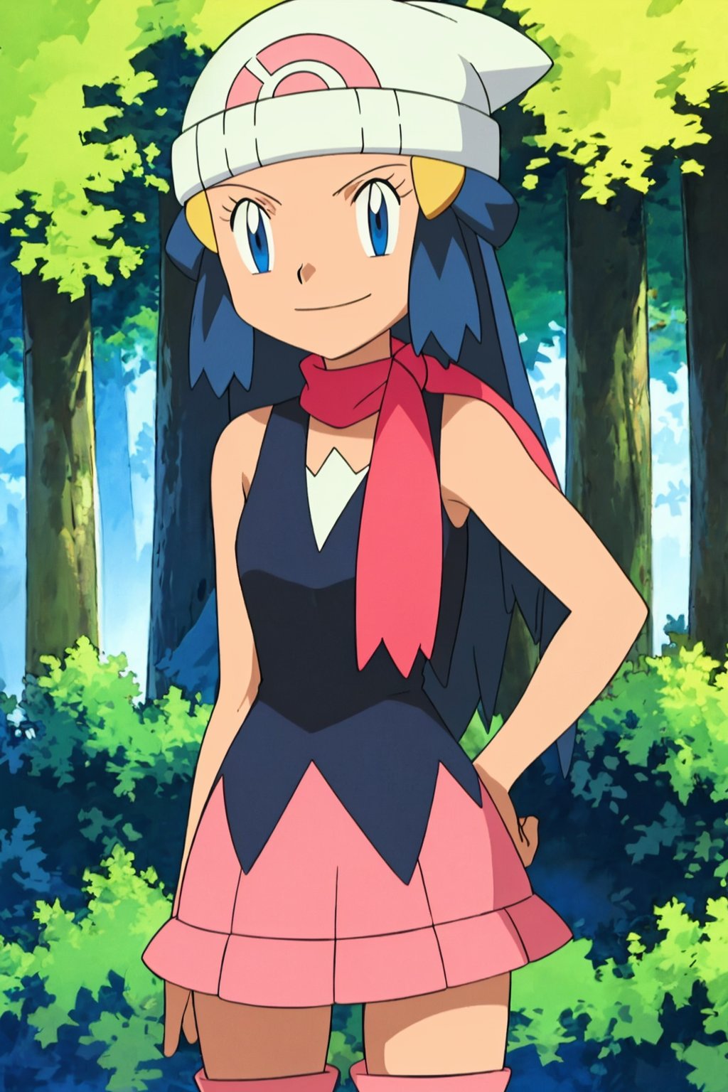 masterpiece, best quality, 1girl, dawn \(pokemon\), beanie, long hair, blue hair, blue eyes, black sleeveless shirt, pink scarf, pink skirt, pink boots, hands on hips, smile, looking at viewer, forest background, three-quarter_portrait