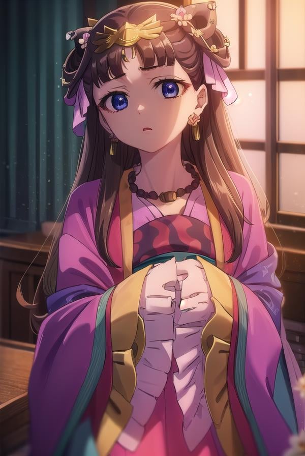 lishu, <lora:lishu s1-lora-nochekaiser:1>,lishu, long hair, brown hair, hair ornament, (purple eyes:1.1), tiara,BREAK jewelry, earrings, necklace, chinese clothes, hanfu,BREAK indoors,BREAK looking at viewer, (cowboy shot:1.5),BREAK <lyco:GoodHands-beta2:1>, (masterpiece:1.2), best quality, high resolution, unity 8k wallpaper, (illustration:0.8), (beautiful detailed eyes:1.6), extremely detailed face, perfect lighting, extremely detailed CG, (perfect hands, perfect anatomy),